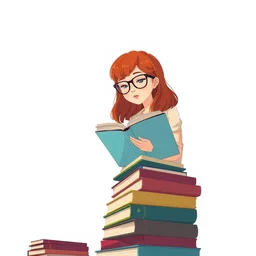 a woman with red hair and glasses sits on top of a tall pile of books, reading. clear pretty face. clean cel shaded vector art. by lois van baarle, artgerm, helen huang, by makoto shinkai and ilya kuvshinov, rossdraws, illustration, art by ilya kuvshinov