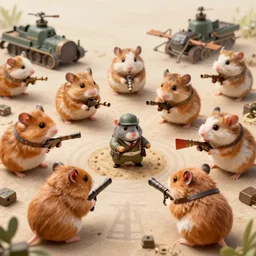 highly detailed world war 3 illustration featuring hamsters at war, stephen bliss, unreal engine, fantasy art by greg rutkowski, loish, rhads, ferdinand knab, makoto shinkai and lois van baarle, ilya kuvshinov, rossdraws, tom bagshaw, global illumination, radiant light, detailed and intricate environment