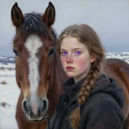 portrait of a nordic girl with violet eyes and her horse in a snowy tundra. by Daniel F. Gerhartz, hyperrealistic oil painting, 4k, very detailed faces, studio lightning