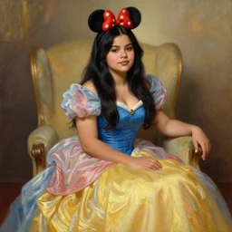 beautiful thirty year old woman with long black hair, tan skin, curvy hourglass figure, round cute face, slightly resembles selena gomez wearing a colorful disney princess gown with mickey mouse ears headband sitting in an armchair. beautiful painting by lois van baarle and artgerm and bouguereau