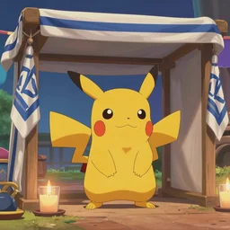 movie still of detective Pikachu in a sukkah, sukkot celebration