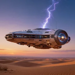 sci - fi spaceship hovering over desert, at dusk, art by greg rutkowski and alphonse mucha. colorful, highly detailed, trending on artstation, 4 k, epic, cinematic lightning, ross draws, global illumination