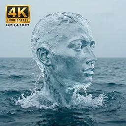a sculpture made of water in the shape of a human head, on the ocean water, water manipulation, cinematic, in the style of johnson tsang, long shot, hyper detailed, hyper realistic, ray tracing, 8 k resolution, sharp focus, realistic water, award winning