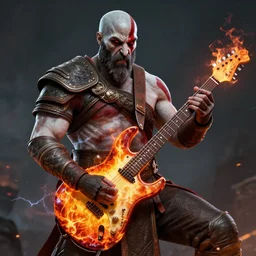 red left eye stripe, armored screaming kratos rocking out on a flaming stratocaster guitar, cinematic render, god of war 2 0 1 8, playstation studios official media, lightning, flames, clear, coherent