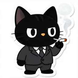 cartoon of a black cat wearing suit and smoking cigarette. high quality. high fidelity. sticker, sticker. cartoon.