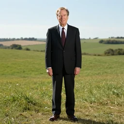 2 0 0 5 john lasseter of pixar is wearing a black suit and necktie and brown brown brown shoes. he is standing in a vardant countryside
