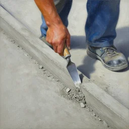 closeup of a concrete worker edging the concrete, intricate, highly detailed, 8 k. palette knife oil painting on canvas by leonid afremov.