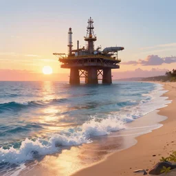 A very beautiful serene coastal landscape scene with a GIANT INDUSTRIAL OIL RIGGING FACTORY looming in the distance, bright SUNSET waves splashing on the beach, rendered by simon stålenhag, rendered by Beeple, Makoto Shinkai, syd meade, environment concept, digital art, starwars, Gundam Style, unreal engine, 3 point perspective, WLOP, trending on artstation, low level, 4K UHD image, octane render,