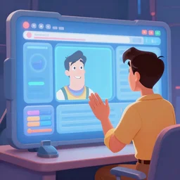 mega futuristic high detailed interface and man from watching, 2 d illustration, old disney style