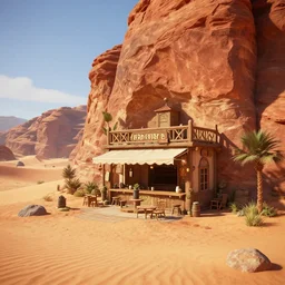 the new fantasy roleplaying metaverse location! virtual reality supported! come join us in the most popular in the metaverse! here is an incredible screenshot from a red rock sand dune desert, a closeup of the front of a delightful tavern built into the side of the red rock cliff! gorgeous! welcome to the future! hyper - realistic pixar studio ghibli, path tracing, unreal engine 5. 0