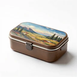 handcrafted lunch box, photorealistic, isolated on a pure white background, centered, entire object in frame, sharp focus, soft studio lighting