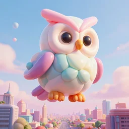 elaborate, giant, massive, detailed, 3 d, pastel, blowup balloon owl with eyes and mouth, twisting geometry, floating in a 3 d painted, pastel sky, cinematic, 3 d designed city, 4 k by'eva cremers'and'lesley barnes'and'jordan coelho'and wes anderson