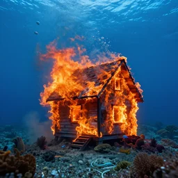 a house burning underwater, 8 k resolution, colorful, mariana trench