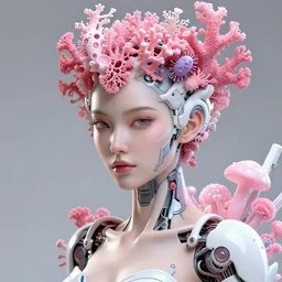 hyper detailed ultra sharp portrait of a beautiful cyborg warrior woman, well contoured porcelain ivory smooth fair skin, up close shot, sharp focus, global illumination, radiant light, biomechanical pink corals white currants headdress made of corals, cyberpunk brackets, laser cut paper microbes, bubble mushrooms, puffballs, rhizomorphs, alexandre ferra white mecha, irakli nadar, octane highly render, 4 k, ultra hd,