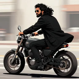 a male biker, jet black tuffle coat, motorbike, aviator shades, long wild black curly hair, beard, black jeans, looking from behind, riding, urban, digital illustration, artstation