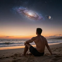 muscular guy on the beach sitting on the sand watching the sunset a distant galaxy and a planet with rings is visible in the evening sky, highly detailed photograph high definition