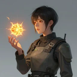 portrait sci-fi art by Greg Rutkowski and Ruan Jia and artgerm, a glowing alien miniature sun floating above the hand of a soldier, solar flares, futuristic environment, detailed and intricate environment, fractal biomech, cyberpunk, neon color, chrome, dramatic lighting, cinematic, high technology, digital symbols,  highly detailed portrait, digital painting, artstation, concept art, smooth, sharp focus, ilustration, Artstation HQ