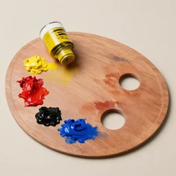 artists paint palette burnt umber oil paint + cadmium yellow oil paint + alizarin crimson oil paint + ultramarine blue oil paint + ivory black oil paint + titanium white oil paint + neutral color background, micro detail, 8 k, product photography