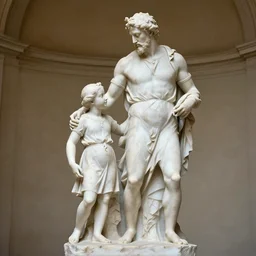 Sculpture in marble of a father guiding his daughter