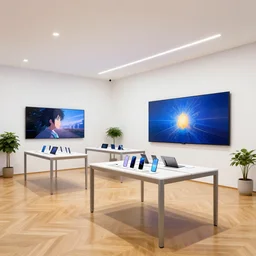 pbr materials ( ( minimalist neon flagship samsung store, white walls. oak parquet floor. hanging lights. geometric furniture, large digital screens. display tables with phones and tablets, potted plants ) ) concept art, john berkey, makoto shinkai, yoji shinkawa, artstation, 4 k