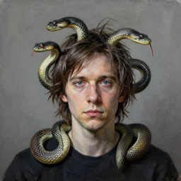 portrait of Trent Reznor with snakes for hair oil painting
