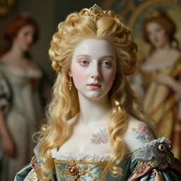 baroque portrait of a blonde princess of porceline skin, floral tattoos, cinematic lighting, photorealistic, octane render, 8 k, depth of field, art by artgerm and greg rutkowski and alphonse mucha and uang guangjian