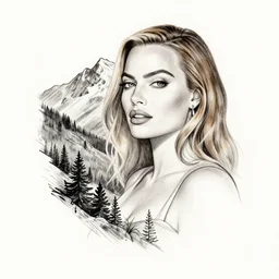 mash up tattoo sketch of margot robbie with beautiful mountain scenery, in the style of arlo dicristina, amazing detail, sharp