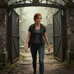 Screenshot of Emma Watson in Dead By Daylight opening the exit gates