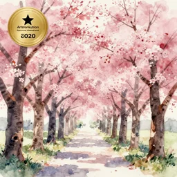 Cherry blossom forest, high quality watercolors, award winning, trending on ArtStation