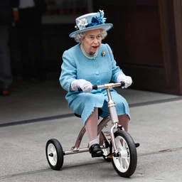 queen elizabeth riding a tiny tricycle, color photograph, f8, dramatic angle