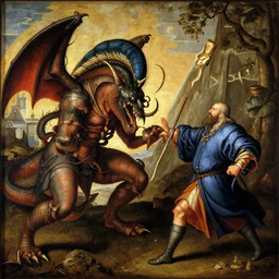 a kraken fighting a powerful wizard, renaissance painting