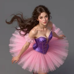 brunette fairy woman with long hair, wearing a purple corset and pink tutu, fantasy, highly detailed, digital painting, trending on artstation, concept art, sharp focus, illustration, art by chloe schmid, shot from a birds eye camera angle