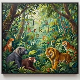 an epic, beautiful painting of a jungle full of animals with all the letters of the alphabet clearly visible within, hyper detailed, clear, focused
