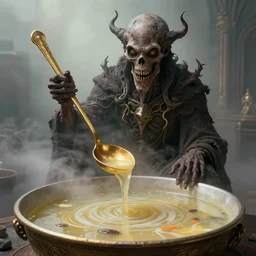 eldritch church of soups soup ceremony performed by a soup aberration sitting in a bowl of soup with a golden ladle in its hand, beksinski style, 8 k, hyper detail, octane render, artstation trending, soft light, fog