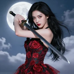a beautiful fierce black haired woman wearing red and black rose patterned dress wielding black blade posing heroically, heavenly moonlit clouds background, close up shot