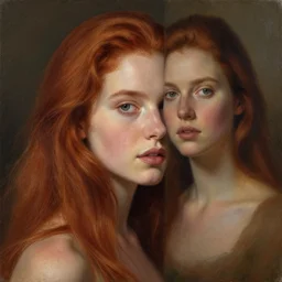 redhair girl possing as a painting model, photorealistic, highly detailed face, anatomically correct, sharp focus, low lights