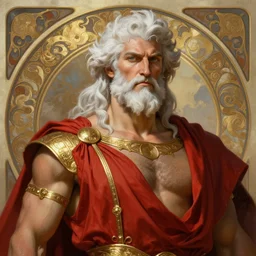 painted portrait of rugged zeus, god of thunder, greek god, white hair, masculine, mature, handsome, upper body, red and gold, muscular, hairy chest, fantasy, intricate, elegant, highly detailed, digital painting, artstation, concept art, smooth, sharp focus, illustration, art by gaston bussiere and alphonse mucha