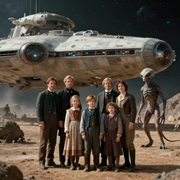 detailed, 65536k film still from a sci fi blockbuster color movie made in 2019, set in 1860, of a family standing in front of a spaceship that has just landed on an alien planet, a humanoid alien creature stands nearby, the family are all wearing 1860s era clothes, good lighting, good photography