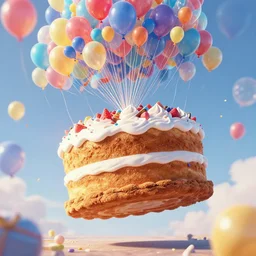 a giant floating cake suspended to plenty of floating birthday balloons. digital art, highly - detailed, sharp focus, artstation cgsociety masterpiece