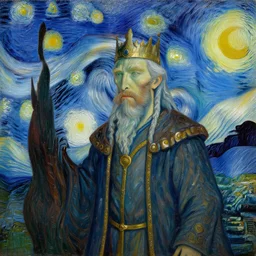 An oil painting of a wise Elven King in the style of Starry Night by Vincent van Gogh