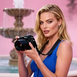an insanely detailed close up portrait of a beautiful blonde haired woman who looks like kate upton and margot robbie, blue dress, holding nikon camera, large fountain in background bokeh, in the style of peter mohrbacher, artgerm, dramatic lighting and composition, pink fog background, octane render, trending on artstation, concept art 8 k