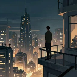 a man standing on a balcony above a solarpunk city, dramatic lighting, illustration by greg rutkowski, yoji shinkawa, 4 k, digital art, concept art, trending on artstation