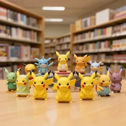 pokemon toy vinyl figurine collection at the library, warm lighting, super wide shot, trending on artstationhq