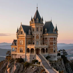 a close - up image of a victorian chateau on the top of a mountain at sunrise, artgerm, anime style, magic, fantasy, hyperrealistic, concept art, octane render, unreal engine 5, trending on artstation, trending on deviantart, highly detailed, high quality, color painting, geometrically correct, high coherence, path traced, digital art, masterpiece