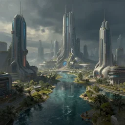 landscape painting of a futuristic solarpunk city with water canals, by greg rutkowski craig mullins volumetric lighting clear focus fantasy dark atmospheric cinematic lighting, trending on artstation