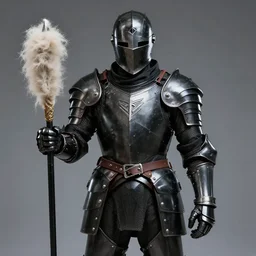 a man clad in shining black metallic armor holding a piece of back wool
