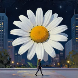 giant daisy flower head, woman walking in a modern city, surreal photography, night sky, dark, stars, impressionist painting, digital painting, artstation, simon stalenhag