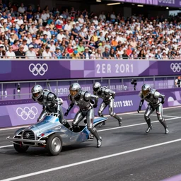 The matrix, LeeLoo, Starship Troopers, Sprinters in a race, The Olympics footage with crowd cheering, intense moment, cinematic stillframe, french new wave, The fifth element, vintage robotics, formula 1