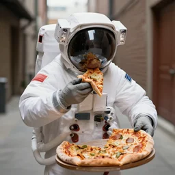 astronaut eating pizza in an alley