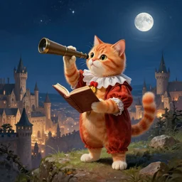 a fantasy painting of an anthropomorphic orange tabby cat dressed as a renaissance clown and holding a book while looking to the telescope, standing on a hill overlooking a vast medieval city, cinematic, beautiful lighting, night sky with stars and moon, dramatic